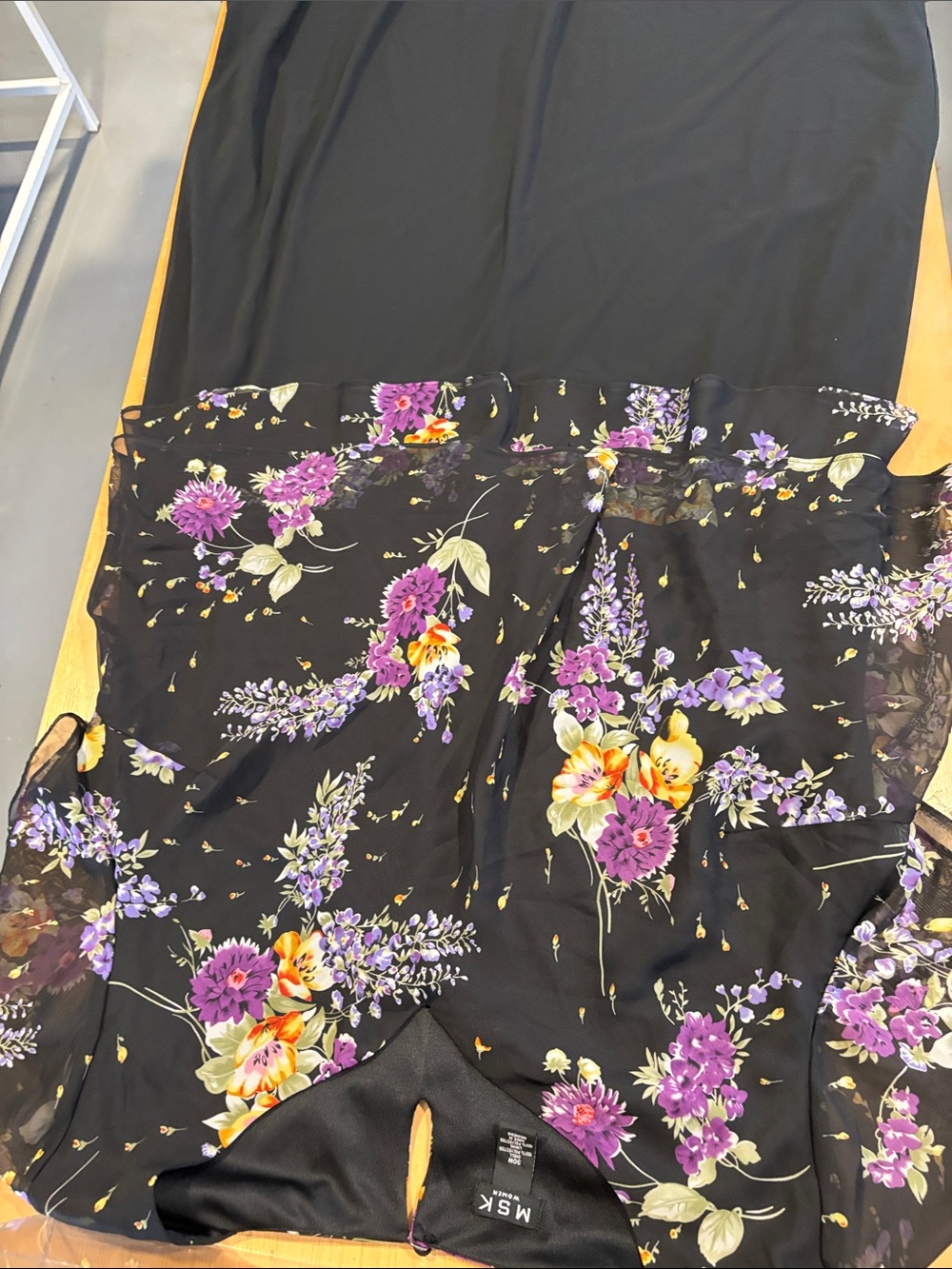 MSK ~ Black Floral Dress Semi sheer Purple & Yellow Blossoms Layered